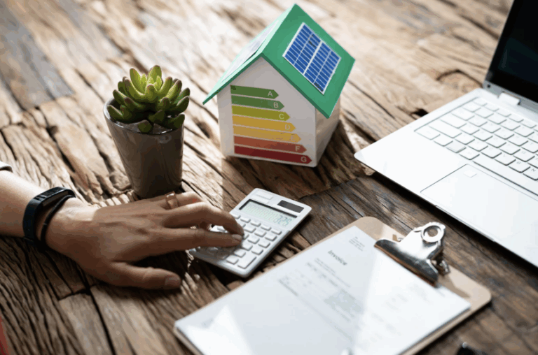 Main sur une calculatrice avec une maquette de maison et une étiquette énergétique – analyse financière du logement social et rénovation thermique.