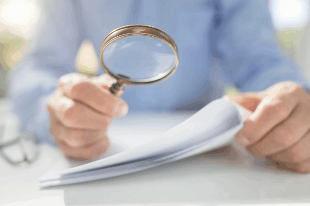 Personne examinant un document avec une loupe – évaluation de la politique de cohésion européenne