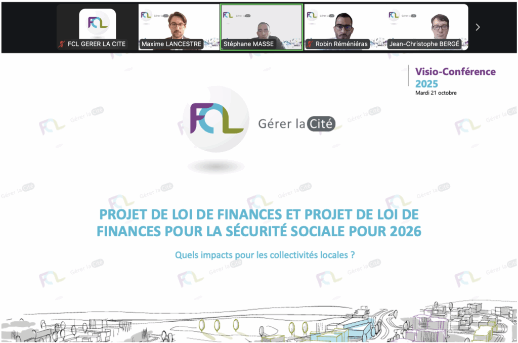 Capture de la visioconférence FCL Gérer la Cité consacrée au décryptage du projet de loi de finances 2026 et de la loi de financement de la sécurité sociale pour 2026.