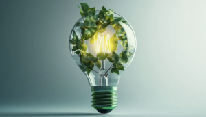 Ampoule entourée de feuilles vertes symbolisant la performance environnementale et l’efficience énergétique des projets financés par le Fonds Vert.